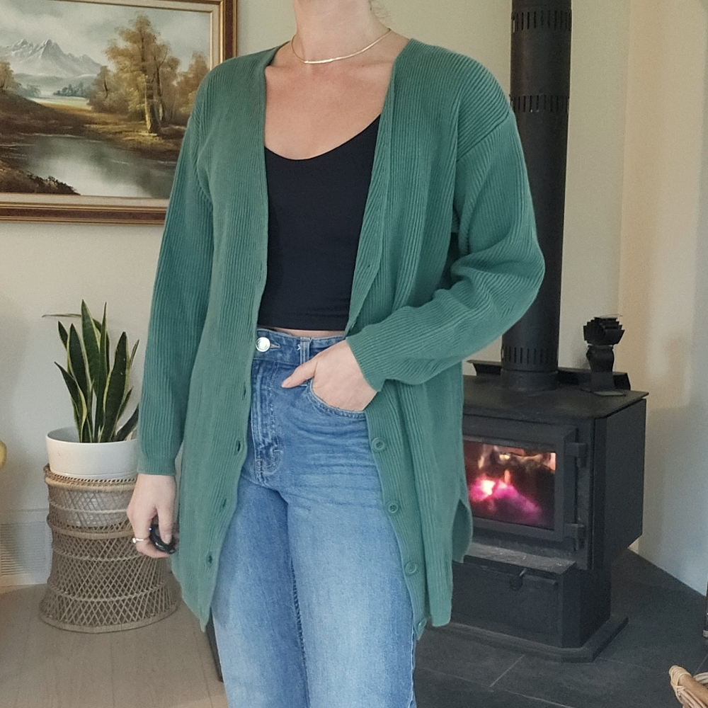 Vintage Weekend Edition Women's Long Green Cardigan Sweater